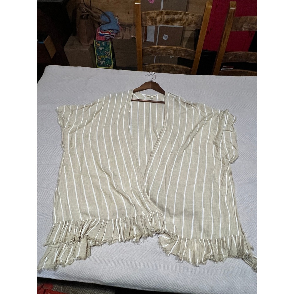 Kori American Beige White Kimono Raw Hem Cardigan Wrap Womens Small Boho Cover - Picture 3 of 4